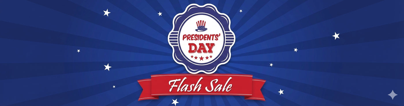 Promotional banner for Presidents Day Flash Sale with a blue background and red banner.