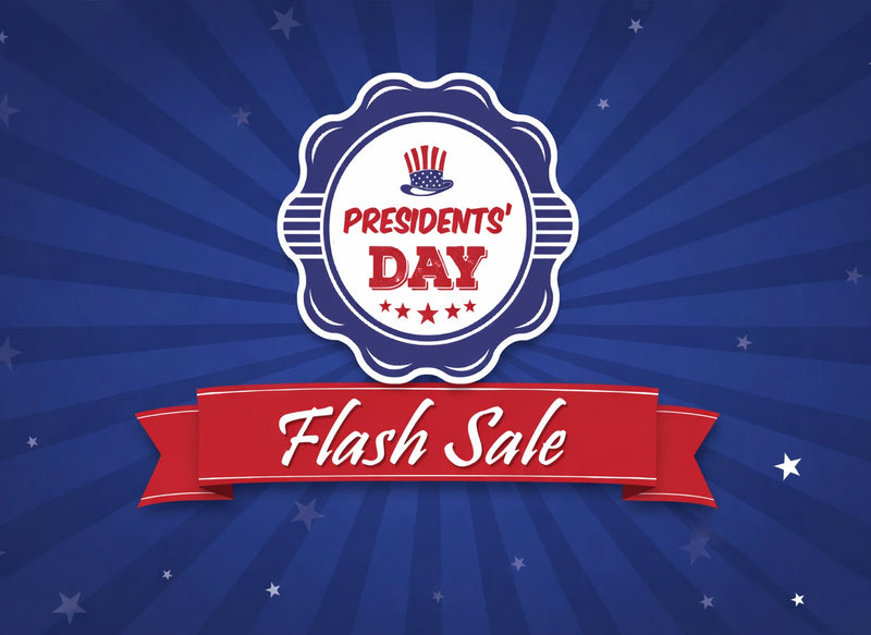 Promotional flash sale graphic for a Presidents' Day flash sale with a blue background and red banner.