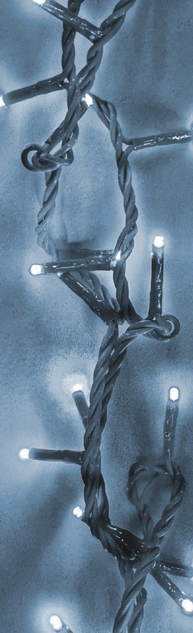 This image shows the string of pure white lights all lit up.