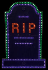 This image shows the tombstone decoration on a black background. The border is green and purple. The RIP is orange.