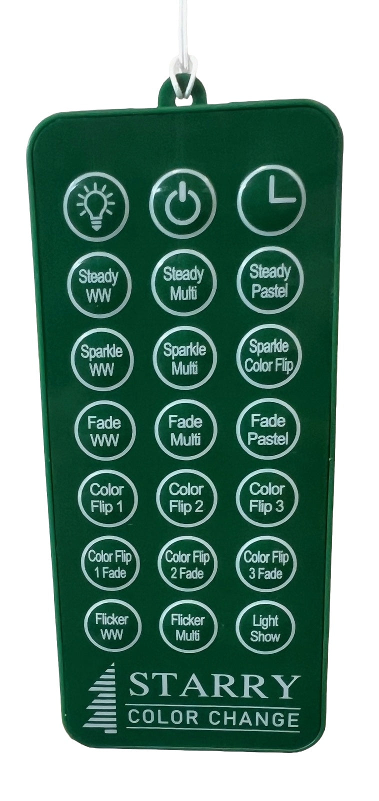 This image shows the Starry Color Change remote for this tree. There are 21 buttons. The buttons (from left to right, top to bottom) are a light bulb, Power, Timer, Steady Warm White, Steady Multi, Steady Pastel, Sparkle Warm White, Sparkle Multi, Sparkle Color Flip, Fade Warm White, Fade Multi, Fade Pastel, Color Flip 1, Color Flip 2, Color Flip 3, Color Flip 1 Fade, Color Flip 2 Fade, Color Flip 3 Fade, Flicker Warm White, Flicker Multi and Light Show."