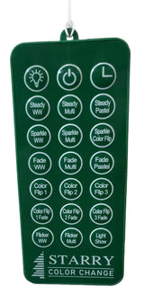 This image shows the Starry Color Change remote for this tree. There are 21 buttons. The buttons (from left to right, top to bottom) are a light bulb, Power, Timer, Steady Warm White, Steady Multi, Steady Pastel, Sparkle Warm White, Sparkle Multi, Sparkle Color Flip, Fade Warm White, Fade Multi, Fade Pastel, Color Flip 1, Color Flip 2, Color Flip 3, Color Flip 1 Fade, Color Flip 2 Fade, Color Flip 3 Fade, Flicker Warm White, Flicker Multi and Light Show."