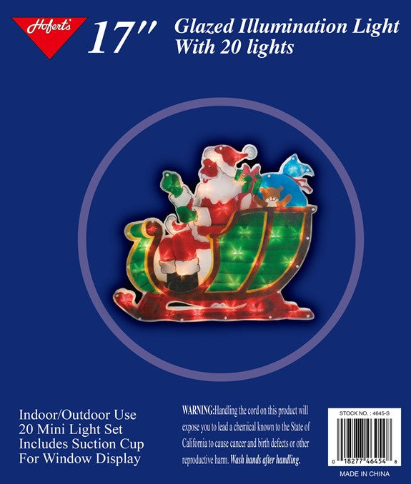 This image shows the packaging that this item comes in. It reads "17 inch glazed illumination light with 20 lights. Indoor/Outdoor use. 20 mini light set. Includes suction cup for window display."