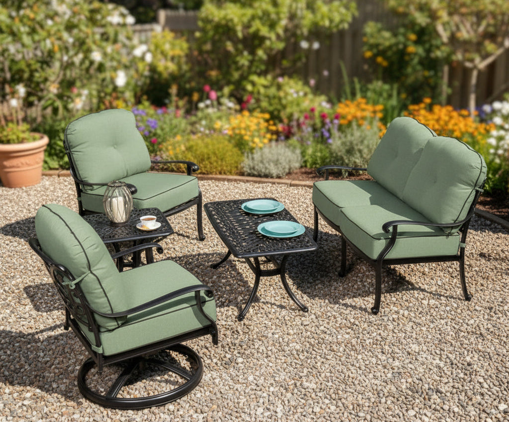 This is a lifestyle image showing this cushioned patio furniture set on a gravel patio in a backyard with lots of pretty and colorful flowers.
