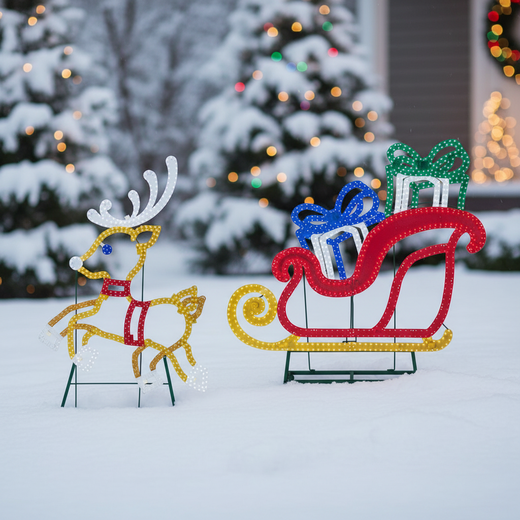 This is a lifestyle image showing the LED deer and the LED sleigh decorations in a snowy yard.