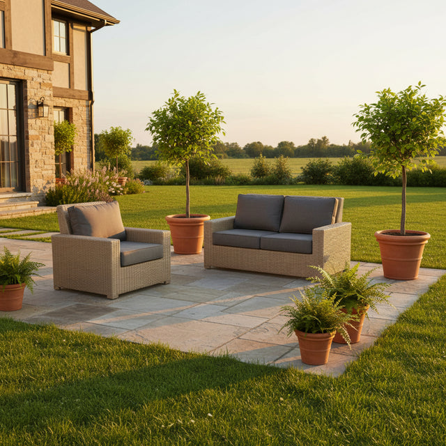 This is a lifestyle image showing the lounge chair and the loveseat on a stone patio in a grassy backyard. There's a house is off to the left. The furniture is surrounded by potted ferns and potted trees.