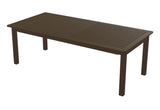 This image shows the rectangular dining table. It has a slat top and the frame is a brown color.