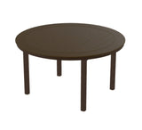 This image shows the round dining table. It has a slat top and the frame is a brown color.
