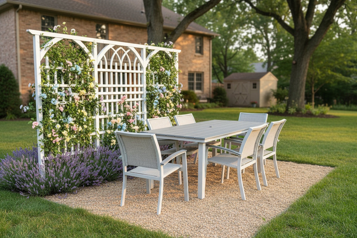 This is a lifestyle image showing this patio dining set in a stone/grass patio next to a white trellis.