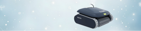 Robotic pool cleaner on a light blue background with snowflake graphics