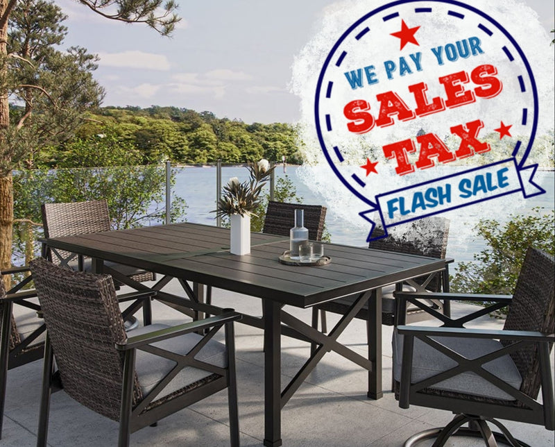 Outdoor patio set with table and chairs on a deck overlooking water, with a 'sales tax flash sale' graphic overlay.