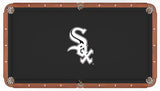 This image shows a pool table with a black felt cloth that has the White Sox logo in the center.