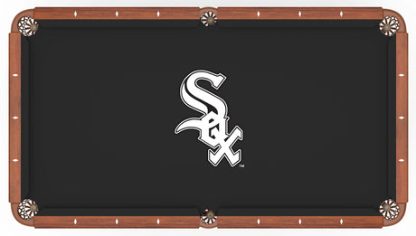 This image shows a pool table with a black felt cloth that has the White Sox logo in the center.