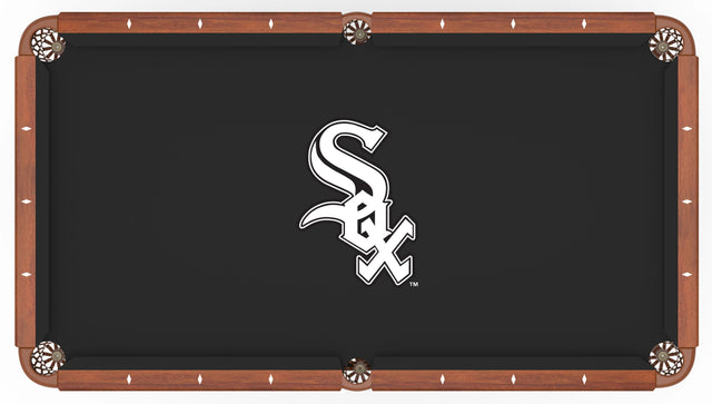This image shows a pool table with a black felt cloth that has the White Sox logo in the center.