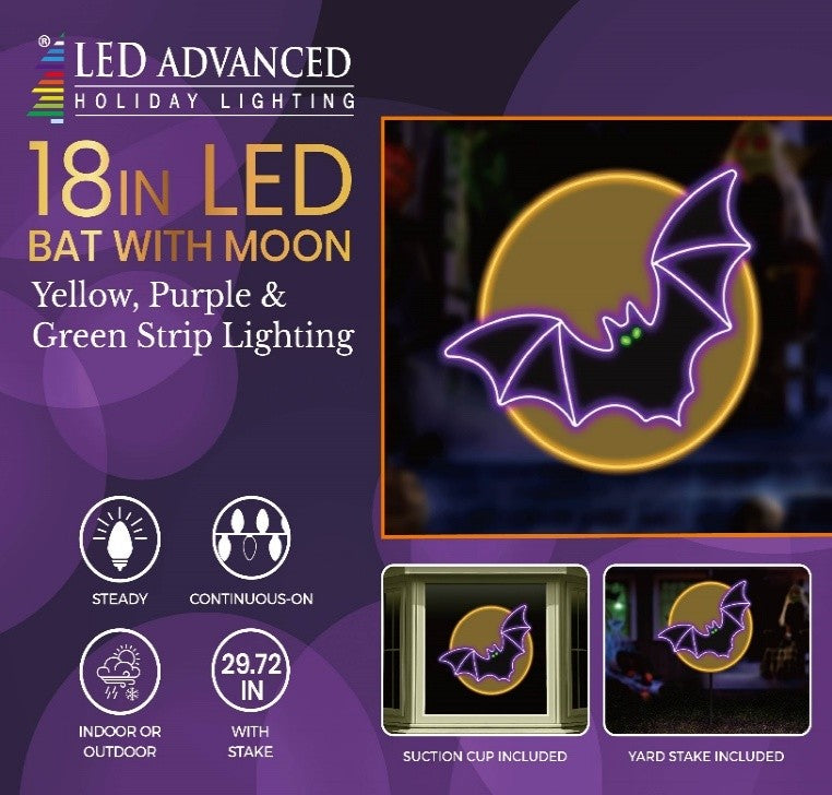 This image shows what the packaging looks like for this item. It reads "LED Advanced Holiday Lighting. 18 inch LED bat with moon. Yellow, purple and green strip lighting. Continuous-on technology. For indoor and outdoor use. It measures 29.72 inches tall with the stake. Suction cup included. Yard stake included."