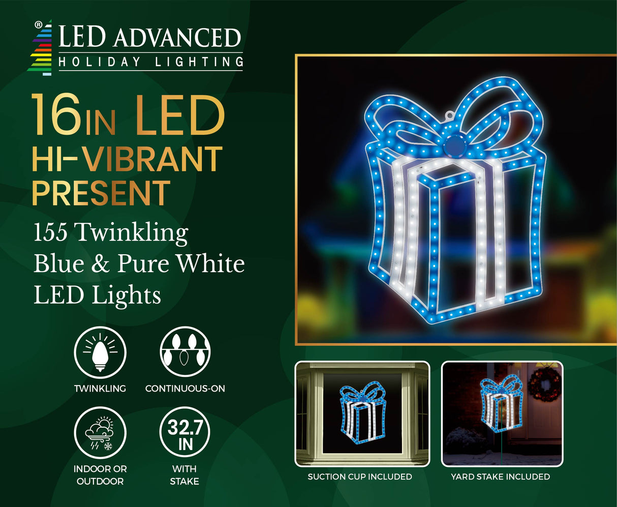 This image shows the packaging that this decoration comes in. It reads "LED Advanced Holiday Lighting. 16 inch LED hi-vibrant present. 155 twinkling blue & pure white LED lights. The lights are continuous-on. Can be used indoors or outdoors. Measures 32.7 inches tall with the stake. Suction cup and yard stake included."