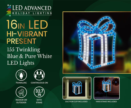 This image shows the packaging that this decoration comes in. It reads "LED Advanced Holiday Lighting. 16 inch LED hi-vibrant present. 155 twinkling blue & pure white LED lights. The lights are continuous-on. Can be used indoors or outdoors. Measures 32.7 inches tall with the stake. Suction cup and yard stake included."