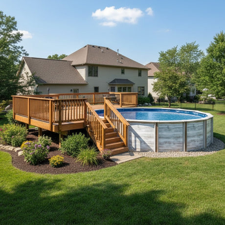 Swimming pool with wooden deck and stairs in a backyard setting