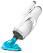 Handheld pool vacuum. The body is white and gray and the head is a neon blue color. It has white bristles to brush the pool liner.