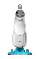 Handheld pool vacuum. The body is white and gray and the head is a neon blue color. It has white bristles to brush the pool liner.