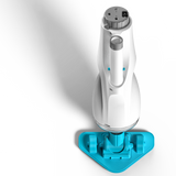 Handheld pool vacuum. The body is white and gray and the head is a neon blue color. It has white bristles to brush the pool liner.