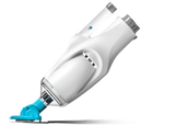 Handheld pool vacuum. The body is white and gray and the head is a neon blue color. It has white bristles to brush the pool liner.