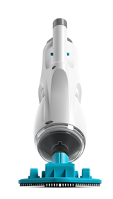 Handheld pool vacuum. The body is white and gray and the head is a neon blue color. It has white bristles to brush the pool liner.