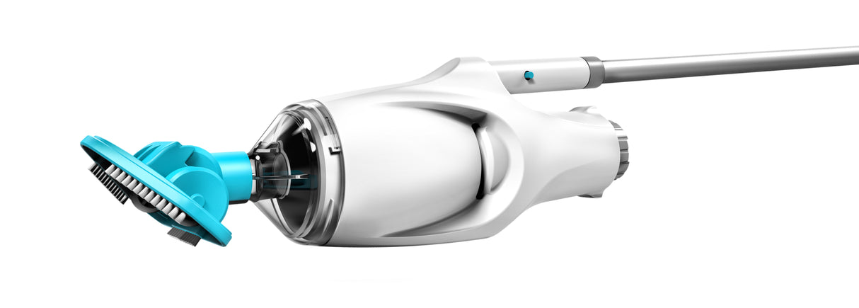 Handheld pool vacuum. The body is white and gray and the head is a neon blue color. It has white bristles to brush the pool liner.