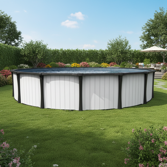 This is a lifestyle image showing this specific pool in a sunny backyard. The pool walls are designed to look like they're made of white planks of wood with black top and bottom rails.