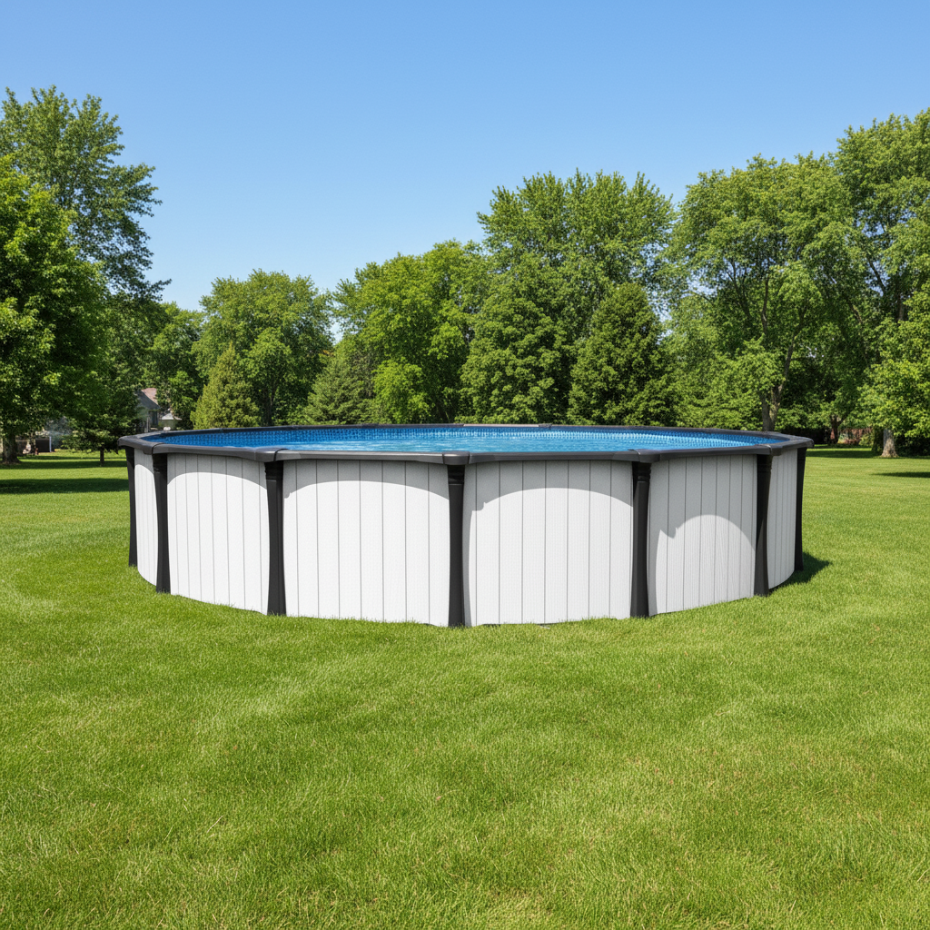 This is a lifestyle image showing the pool in a sunny yard surrounded by trees.