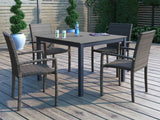 This image shows this patio dining set on a wooden deck.