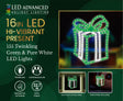 This image shows the packaging that this decoration comes in. It reads "LED Advanced Holiday Lighting. 16 inch LED hi-vibrant present. 155 twinkling green & pure white LED lights. The lights are continuous-on. Can be used indoors or outdoors. Measures 32.7 inches tall with the stake. Suction cup and yard stake included."