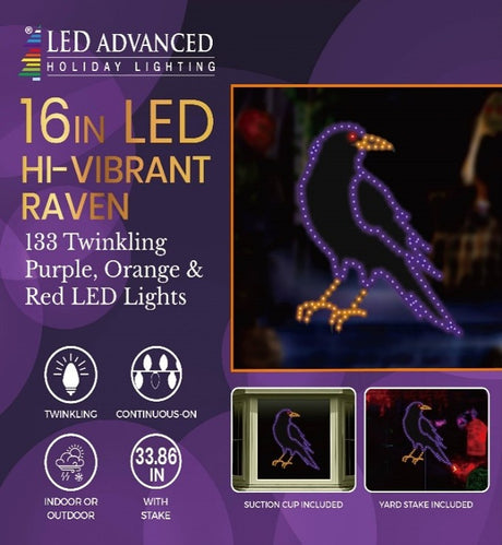 This image shows what the packaging looks like for this item. It reads "LED Advanced Holiday Lighting. 16 inch LED hi-vibrant raven. 133 twinkling purple, orange and red LED lights. Continuous-on technology. For indoor and outdoor use. It measures 33.86 inches tall with the stake. Suction cup included. Yard stake included."
