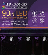 This image shows the packaging that this light set comes in. It reads "LED Advanced Holiday Lighting. 90 inch LED spider and web light set. 378 pure white, purple and green hi-vibrant, twinkling lights. Continuous-On technology. For indoor or outdoor use. This light set measures 108 inches long in total."