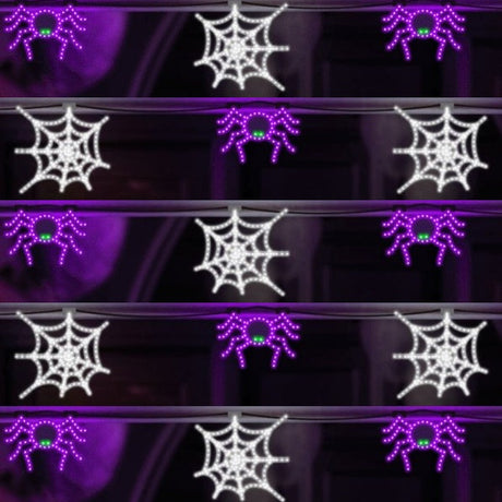 This is a lifestyle image showing this LED Halloween garland. The garland is made up of alternating Halloween motifs: purple spider with green eyes and then white spiderweb.