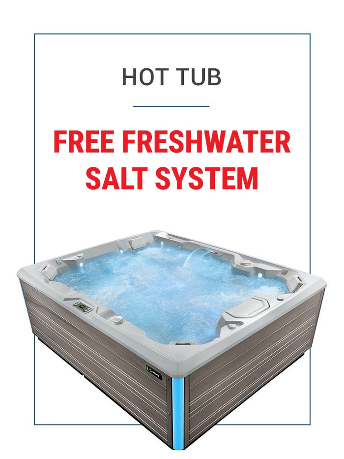 Promotion for Hot tubs with free freshwater salt system text on a white background.