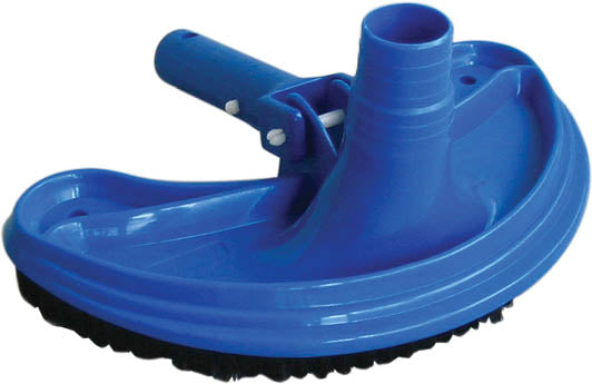 Pool vacuum head with underside bristles. The head is blue and the bristles are black.