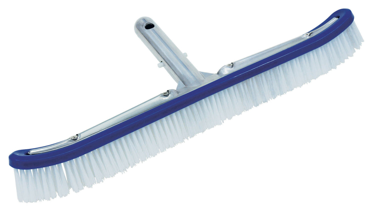 Aluminum pool wall brush head. The head is silver and blue with white bristles.
