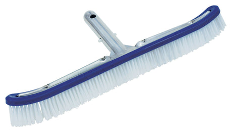 Aluminum pool wall brush head. The head is silver and blue with white bristles.