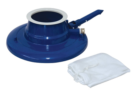 Blue pool vacuum head with a mesh net. The head is blue and the mesh bag is white.