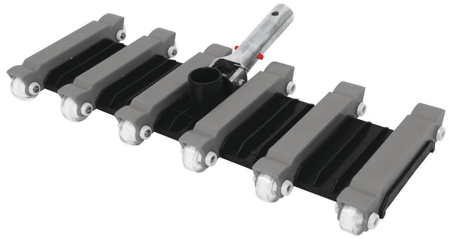 Pool vacuum head with wheels. The handle is silver, the head is black and gray and the wheels are white.