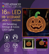 This image shows what the packaging looks like for this item. It reads "LED Advanced Holiday Lighting. 16 inch LED hi-vibrant jack-o-lantern. 169 twinkling orange and green LED lights. Continuous-on technology. For indoor and outdoor use. It measures 32.28 inches tall with the stake. Suction cup included. Yard stake included."