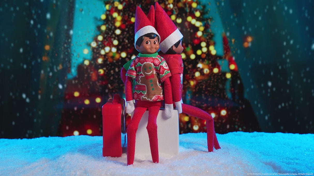 This video showcases this Elf on the Shelf t-shirt kit with a decorated Christmas tree in the background.