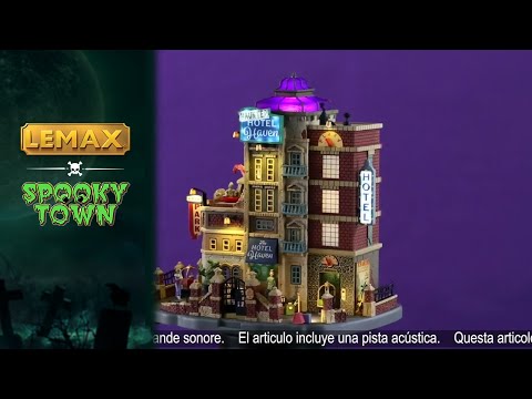 Resin lighted building for a Lemax display. Designed to look like a parking garage attached to a hotel. There's a pool on top of the garage with a monster's tentacle sticking out. The right side of the hotel is designed to look like an elevator. There's luggage all over the place.