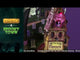 Resin building facade for a Spooky Town Lemax display. Designed to look like a bunch of store fronts. One section is a mortuary with a "help wanted" sign hanging from it. The building next to it reads "NOTION'S POTIONS" and has a witch hat for a roof. The building next to it is a flower shop. Behind them all is a cemetery and a spooky cathedral. There's a witch flying near the moon with bats following behind.