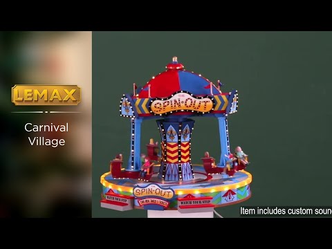 Plastic, animated village accent for a Lemax Carnival display. Designed to look like a colorful carnival ride called "The Spin Out." The seats fly back and forth and side to side. There are people enjoying the ride. There's a sign at the bottom that reads "This ride takes 5 tickets." There are also steps at the bottom with signs that read "Watch Your Step."