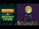 Resin village accent for a Lemax Spooky Town display. Designed to look like four witches holding hands and dancing underneath a giant moon. There are brooms and carved pumpkins and black cats on the ground.