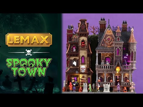 Resin lighted building for a Lemax display. Designed to look like a two Victorian-era style mansions standing next to each other. The one on the left is run down with boarded windows. The one on the right looks bright and regal. There are kids trick or treating at both homes and monsters, skeletons and ghosts in the windows.