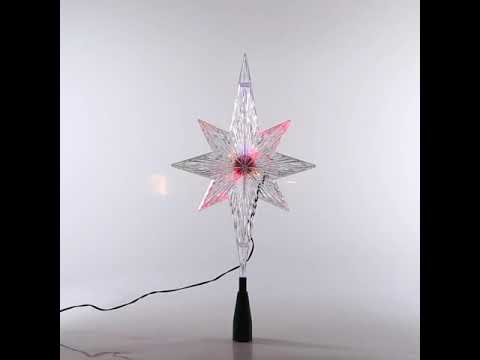 Clear Christmas tree star that shines with the color-changing LED lights inside.
