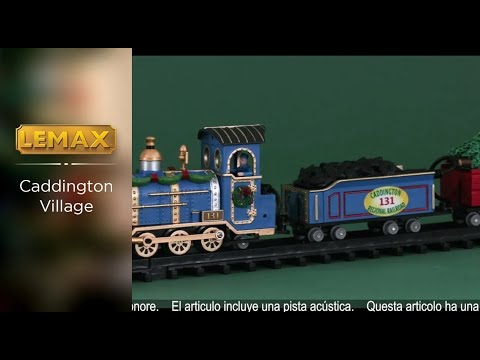Resin railroad track with five train cars for a Lemax Village display. Head train is decorated with garland and wreaths. Second train car reads "Caddington Regional Railroad car 131." The next car is transporting trees and the car reads "Great Balsam Farms." The next car is a passenger express. The last car is red and features a man standing outside.